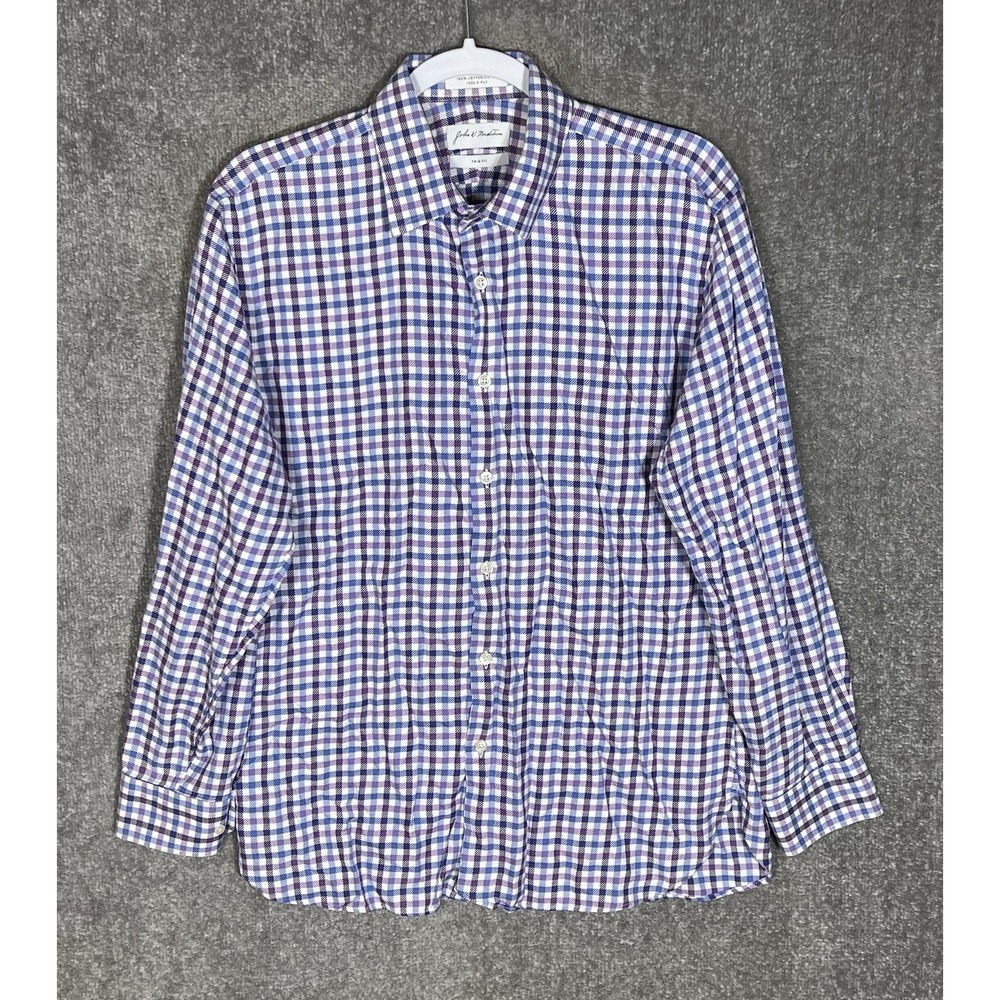 John W Nordstrom Trim Fit 120s 2 Ply Gingham Shirt Mens Sz 16 32-33 Blue Purple